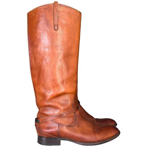 Frye 17-Inch Tall Knee Hi Boots Women 10B Brown Leather Harness Biker Motorcycle